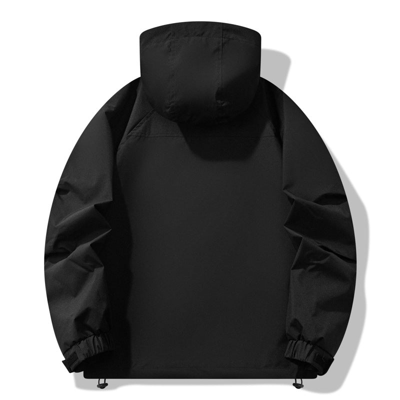 Black outdoor waterproof windproof jacket with hood and side pockets