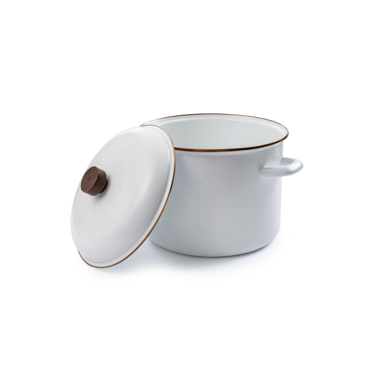 Enamel stock pot with lid open, white enamel, side handles and wood-look knob