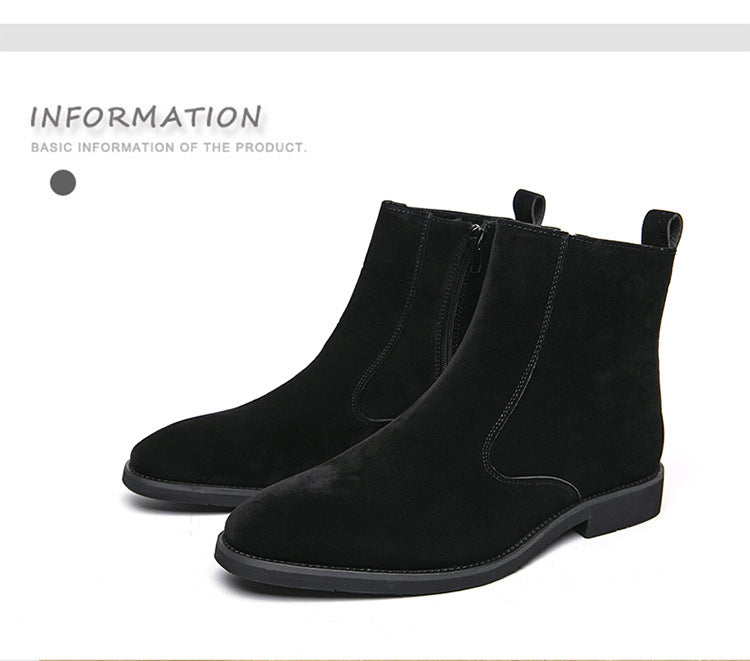 Black suede chelsea ankle boots pair with elastic side gore, low heel sole