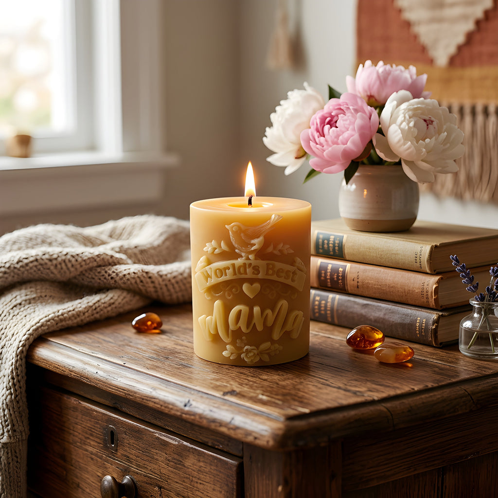 Honey-colored beeswax candle with embossed mother and flower design, lit flame