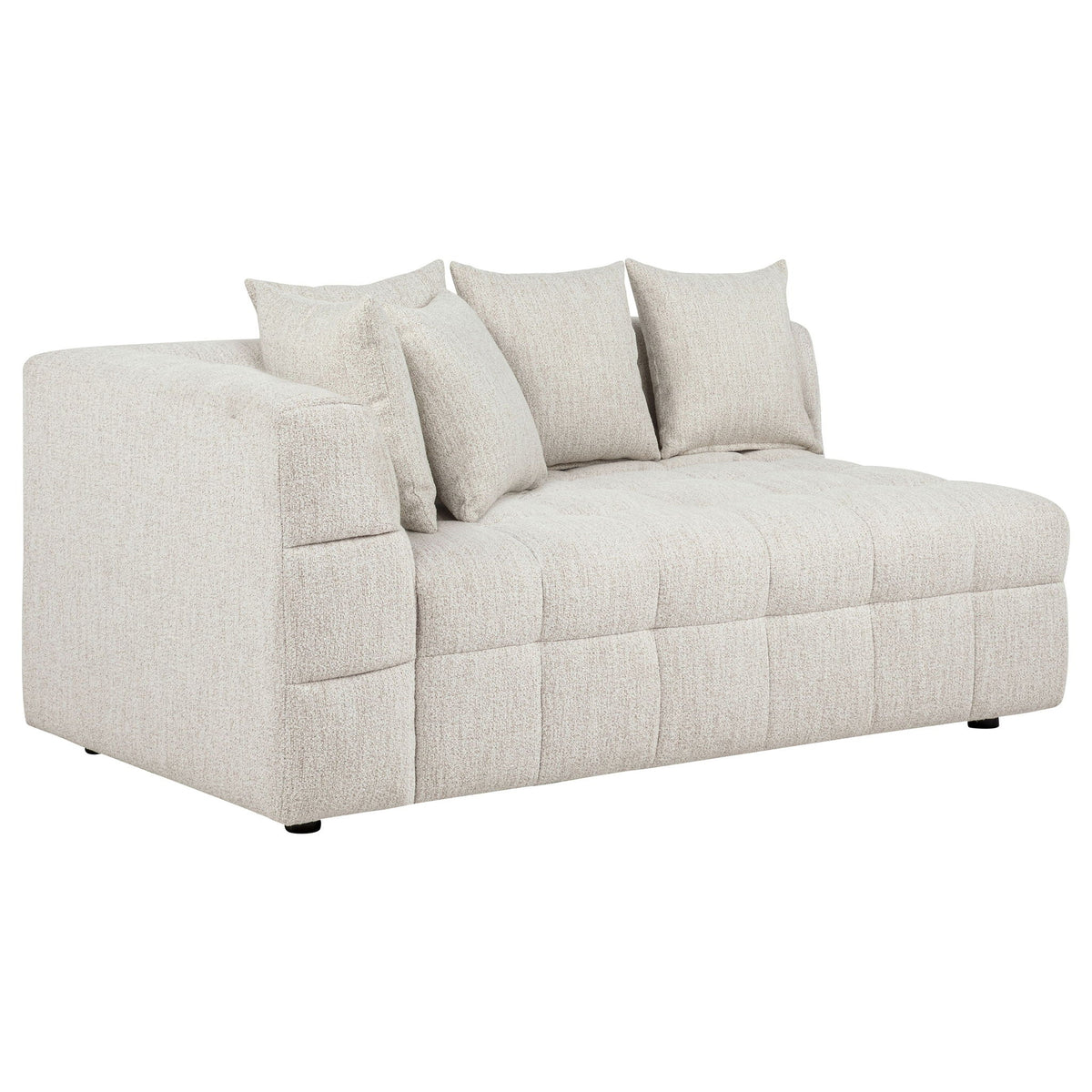 Light beige chaise sectional sofa with box cushions and two throw pillows
