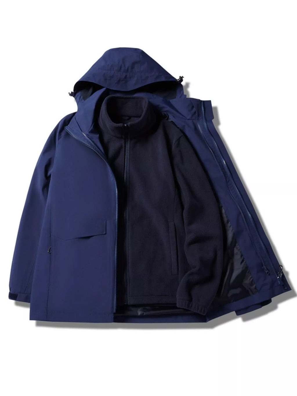 Dark blue hooded waterproof jacket with inner lining and zip front