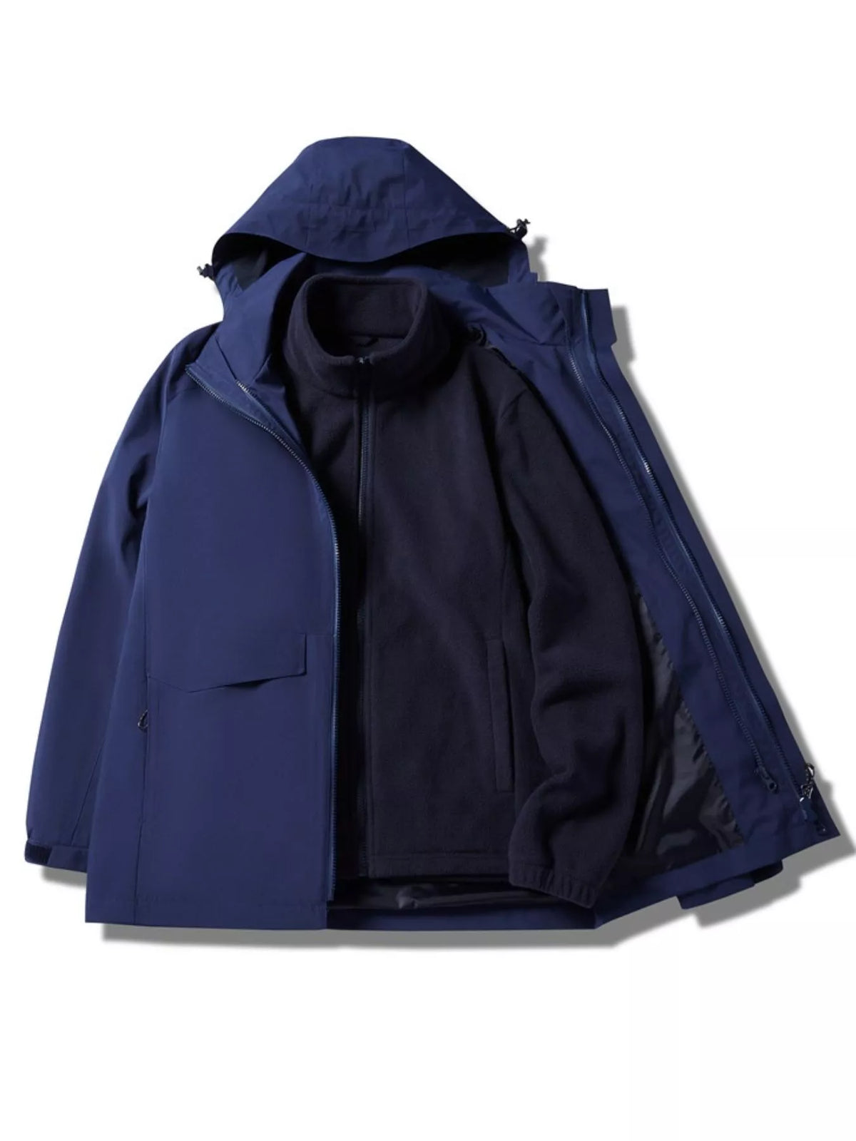 Dark blue hooded waterproof jacket with inner lining and zip front