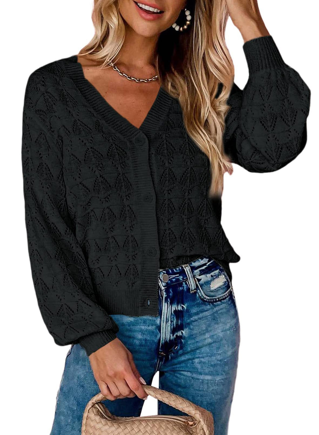 Women’s black knitted short cardigan, V-neck button front, diamond knit, long sleeves