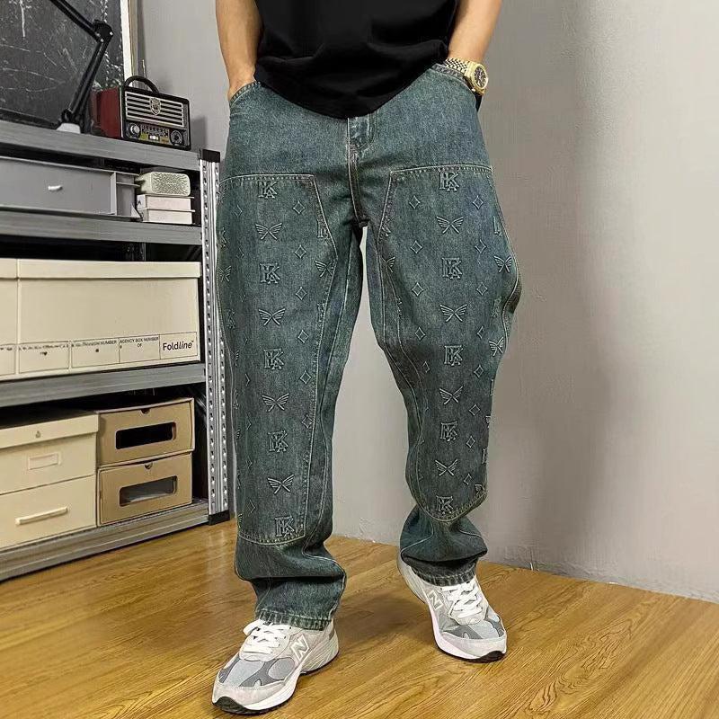 Men's loose straight-leg denim trousers, vintage-washed blue-green with allover print