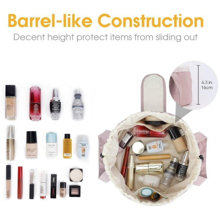 Lavender barrel drawstring makeup bag open, holding assorted cosmetics and bottles
