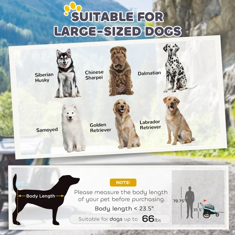 Large-dog fit graphic with multiple dog silhouettes for stroller trailer sizing