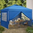 Blue pop-up canopy tent with sidewalls and screened window panels