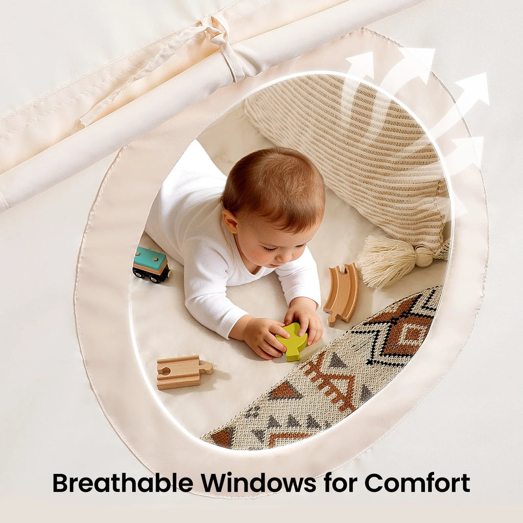 Tiny Land® kids play tent with circular window, cream fabric, child playing on mat