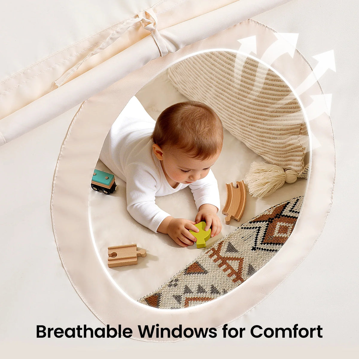 Tiny Land® kids play tent with circular window, cream fabric, child playing on mat