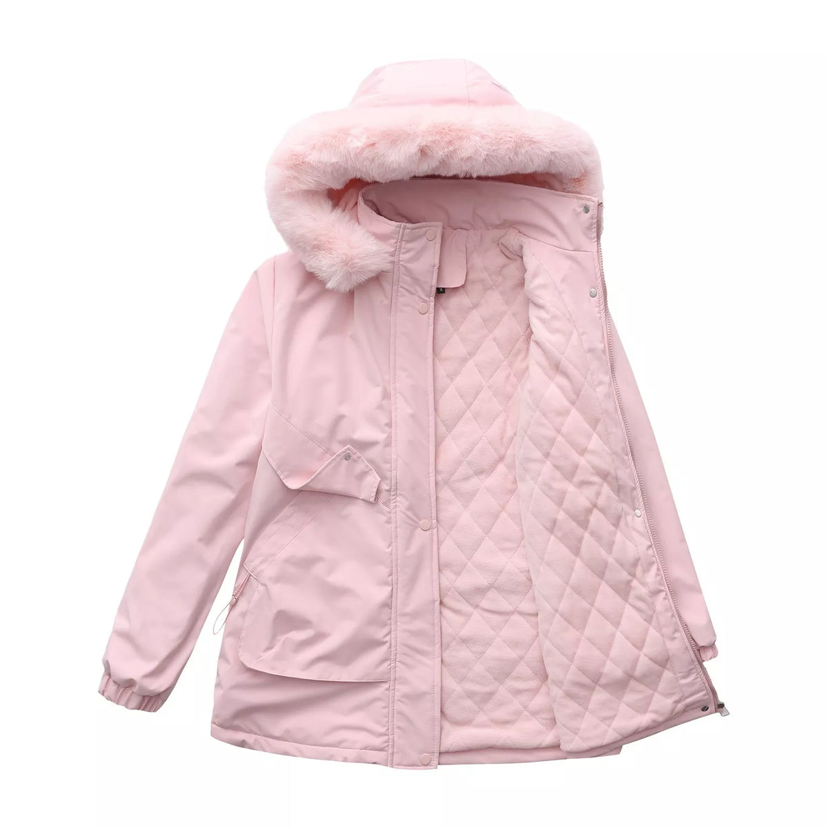 Pink fur-hooded parka with quilted interior lining and side pockets