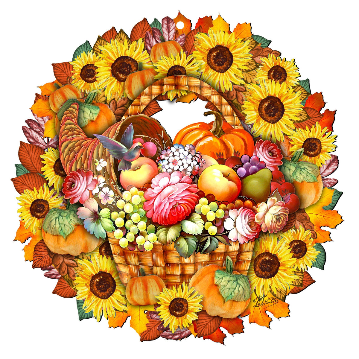 Thanksgiving door wreath on a white background with sunflower petals, pumpkins, and autumn flowers