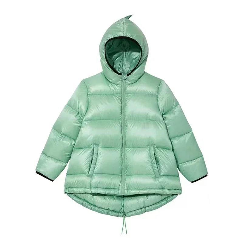 Mint green hooded puffer jacket with full zipper, side pockets, and spiked dinosaur hood