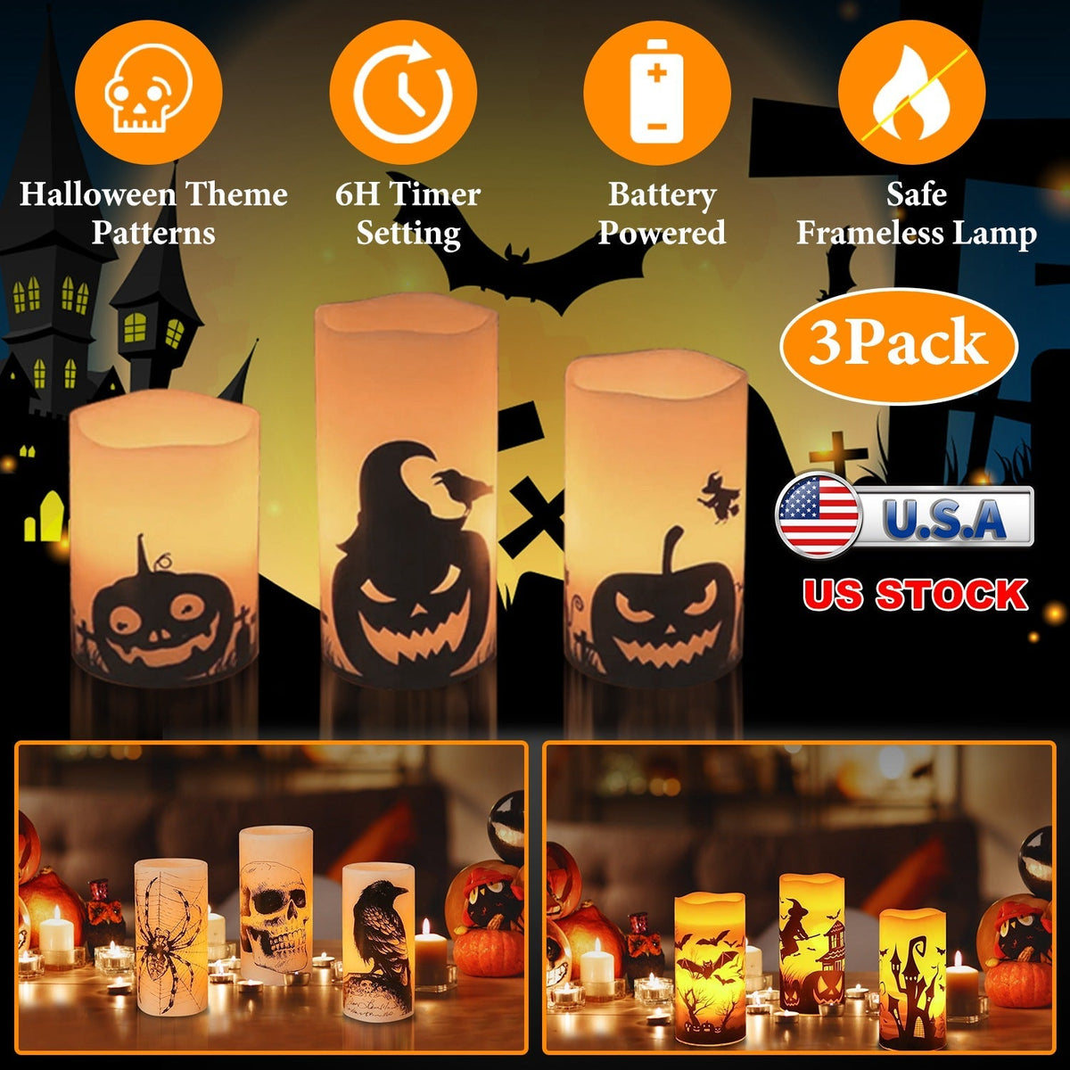 Three LED flameless candles with witch and pumpkin silhouettes, warm orange flame-like light