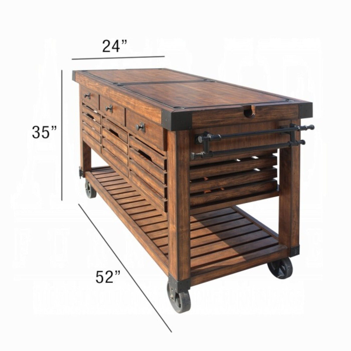 Chestnut kitchen cart with top panel, drawer fronts, open slatted shelf, and casters.