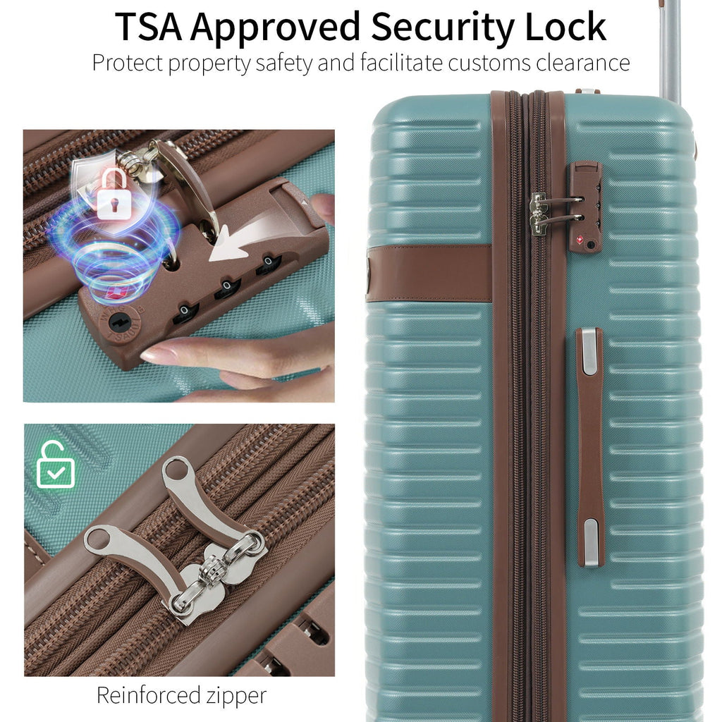 Hard-shell rolling suitcase with teal shell, brown accents, and TSA-style security lock