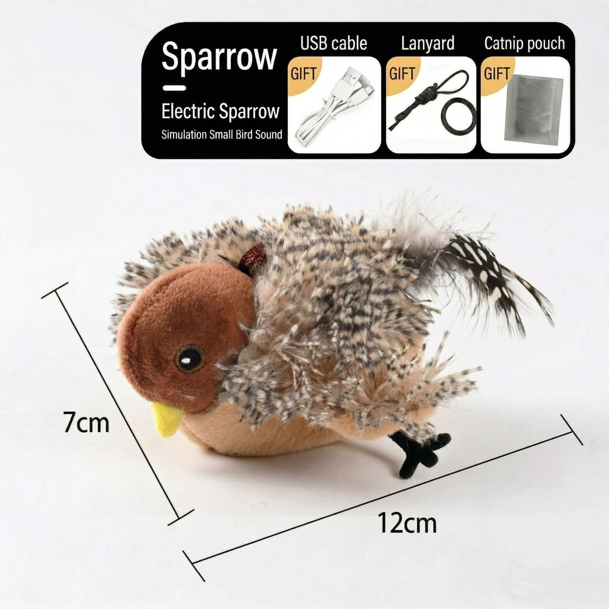 Sparrow-style electric plush cat toy with feathered wings and plush head