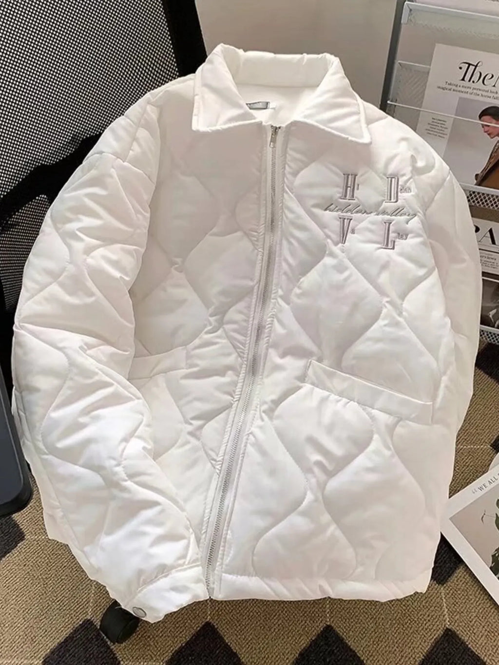 Men's quilted white zip-up jacket with stand collar and front logo embroidery