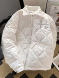 Men's quilted white zip-up jacket with stand collar and front logo embroidery