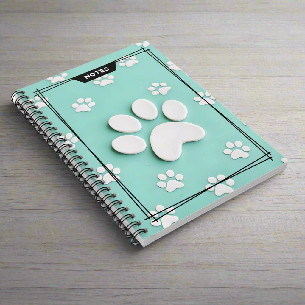 Mint green spiral notebook with 3D cat paw cover and paw-print border