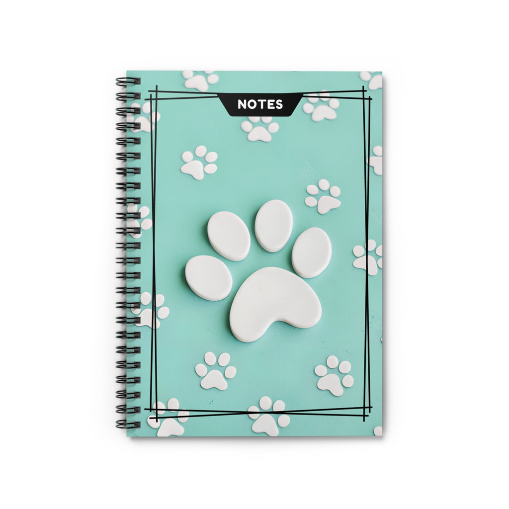Mint green spiral notebook with large 3D cat paw centerpiece and paw icons