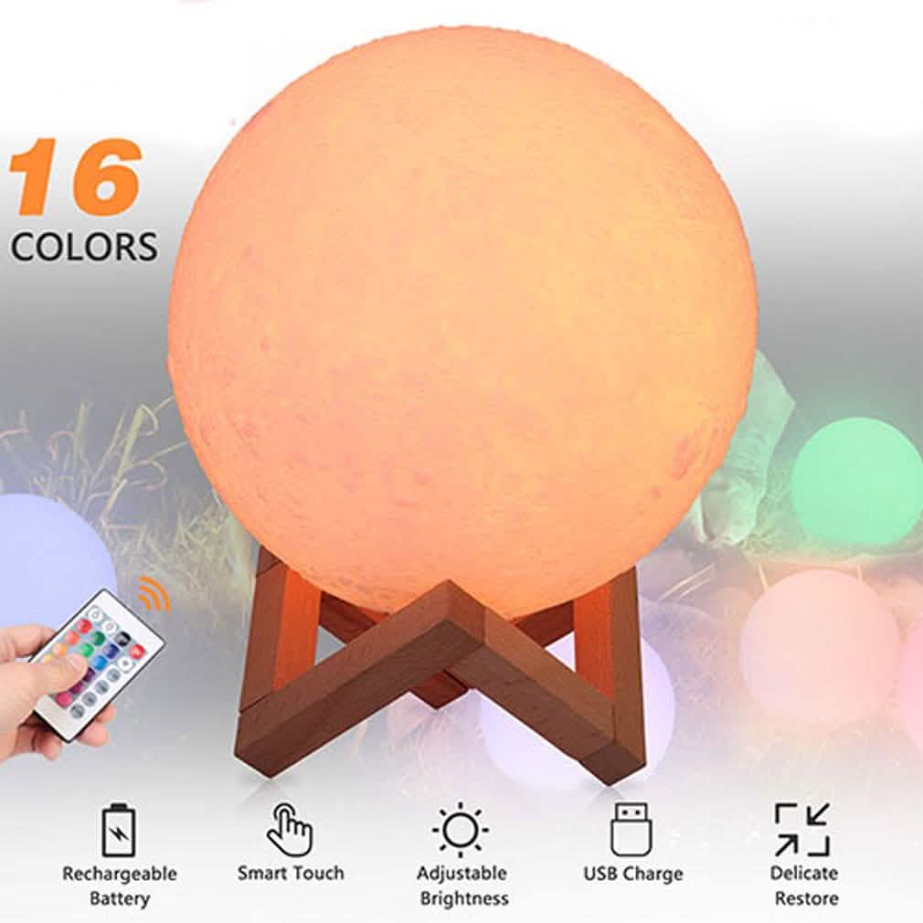 Globe night light with orange glow, light wood tripod stand, remote control