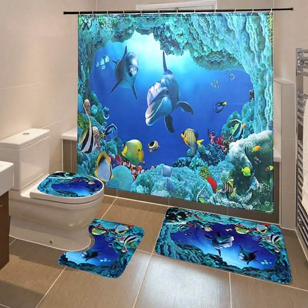 Ocean-themed bath rug set with matching toilet cover, 3-piece blue sea print
