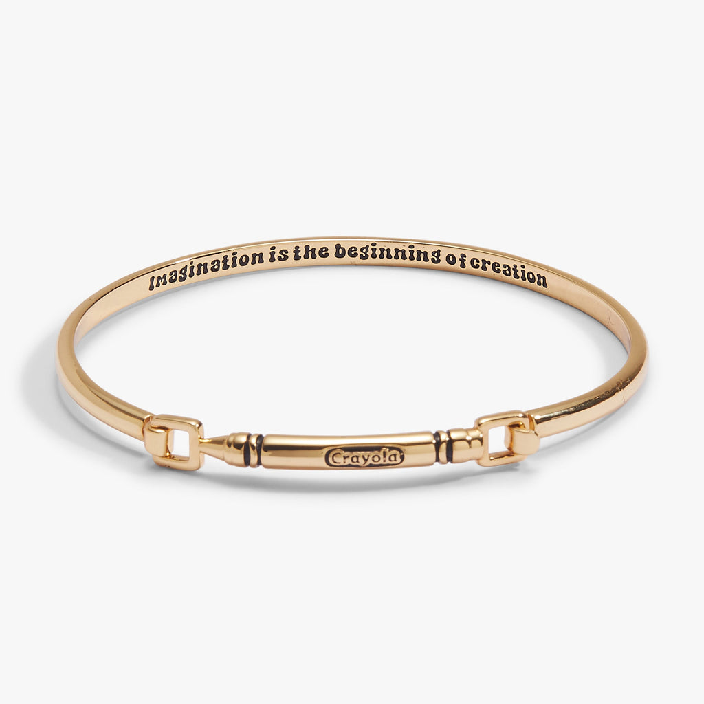Gold Crayola crayon tension bangle with square clasp and Crayola engraving