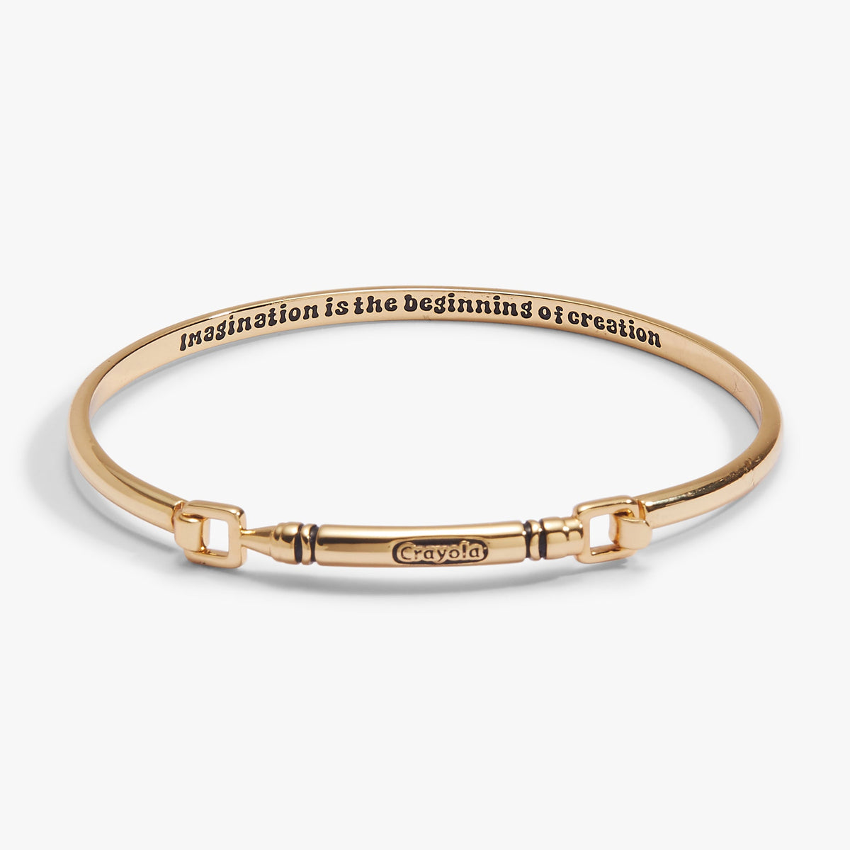 Gold Crayola crayon tension bangle with square clasp and Crayola engraving