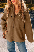 Khaki fleece zip-up hooded jacket with drawstring cord pulls