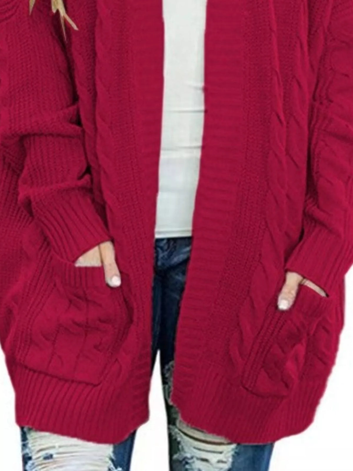 Plus-size chunky knit open-front cardigan, wine red with patch pockets and ribbed cuffs.