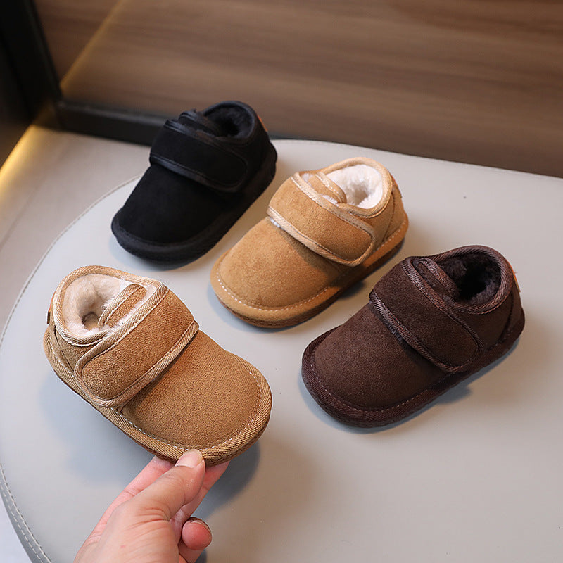 Boys fleece-lined cotton boots set: black, khaki, and dark brown with hook-and-loop straps