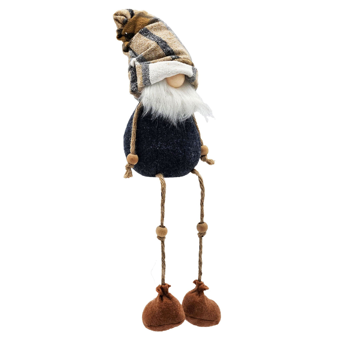 Hanging gnome ornament in plaid cap with white beard, navy body, brown feet