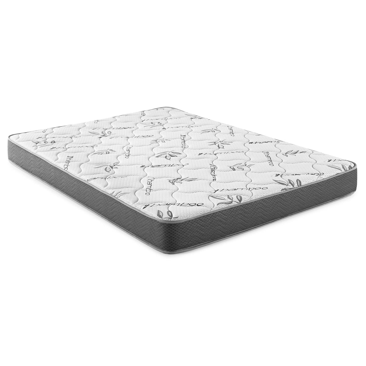 Queen 7-inch firm foam mattress with quilted white cover and dark gray edge