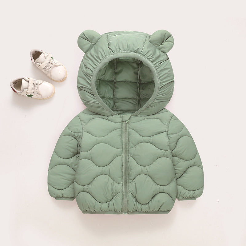 Green baby hooded padded jacket with bear-ear hood and front zipper