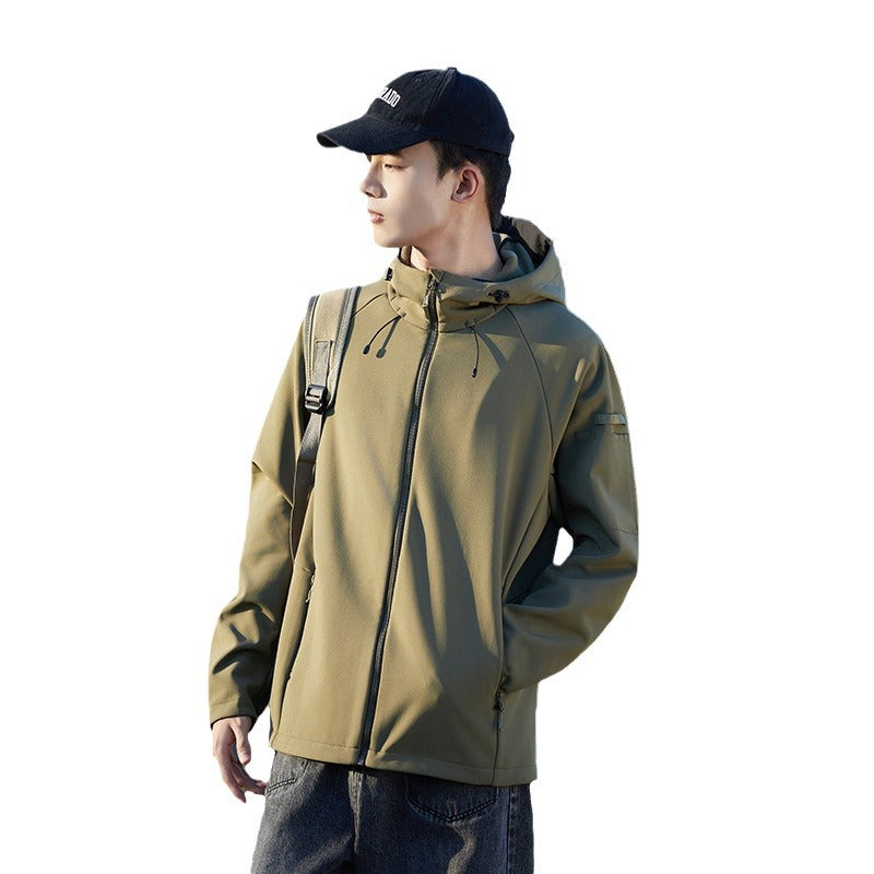 Olive waterproof soft shell jacket with hood and full-zip front, side profile view