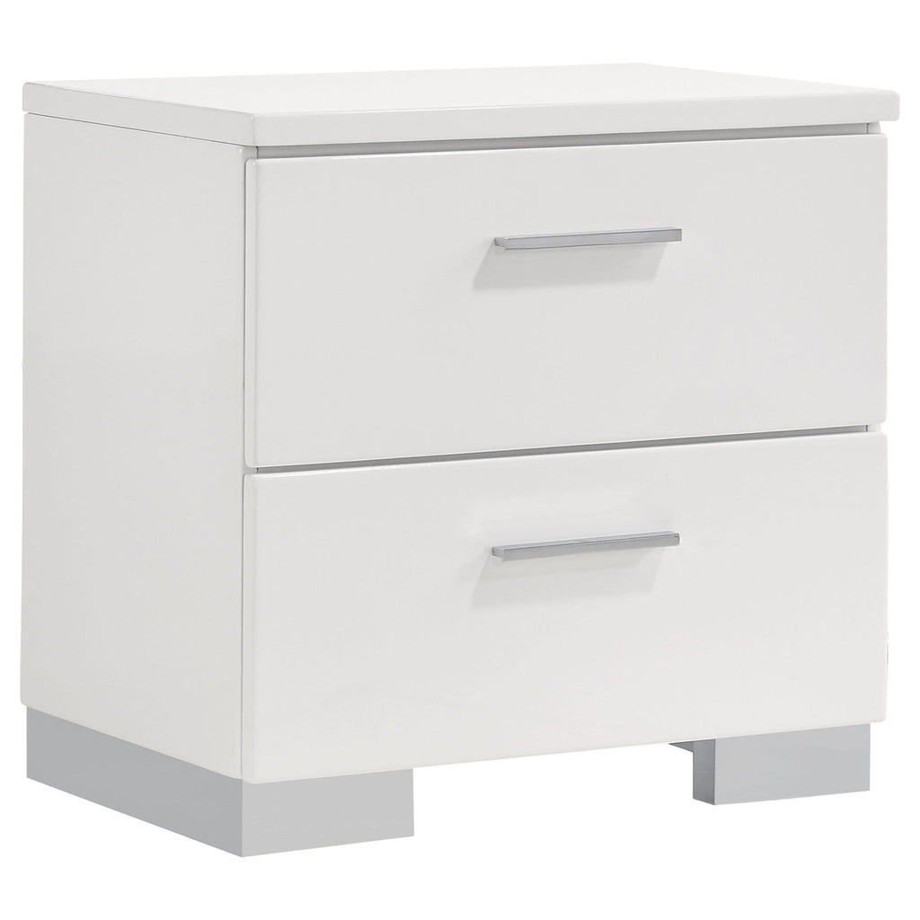 White high-gloss two-drawer nightstand with metal bar handles