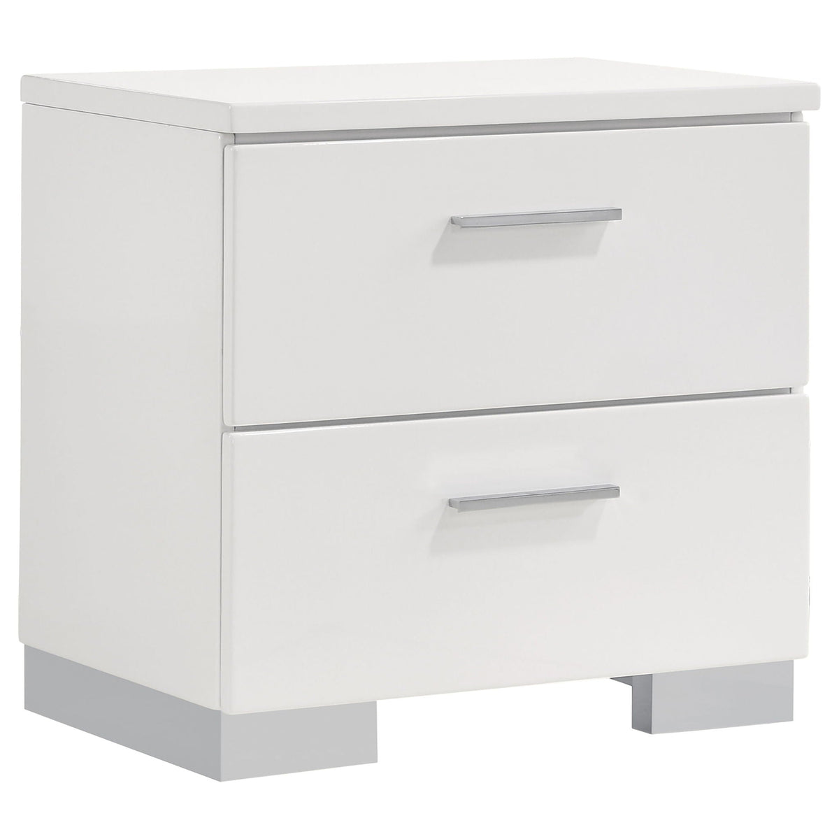 White high-gloss two-drawer nightstand with metal bar handles
