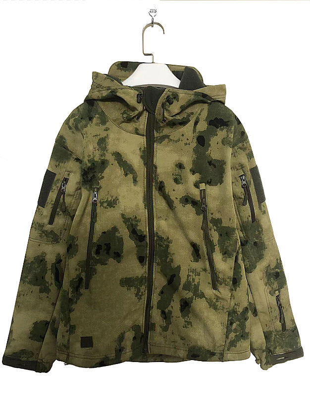 Three-in-one all-weather shell jacket in green camouflage with zip front and hood