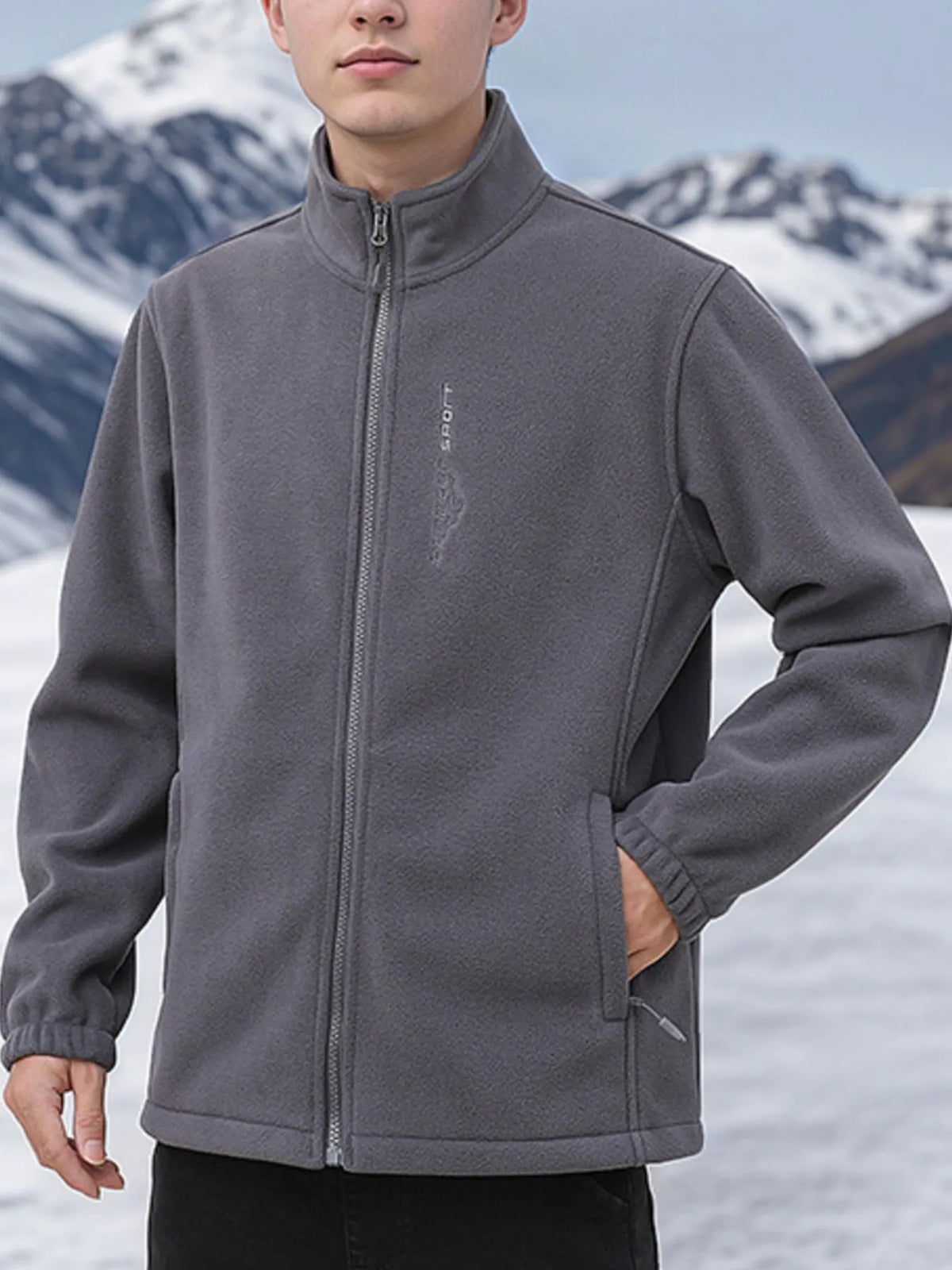 Men's plus size gray zip-up thermal fleece jacket with long sleeves