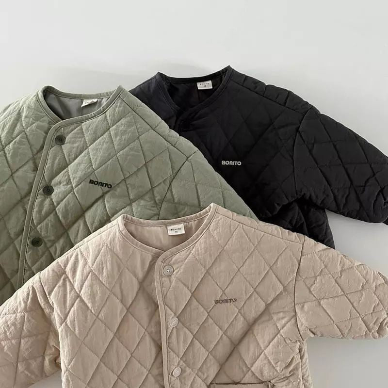 Quilted baby cotton coats in green, black, and beige, snap front, diamond stitching