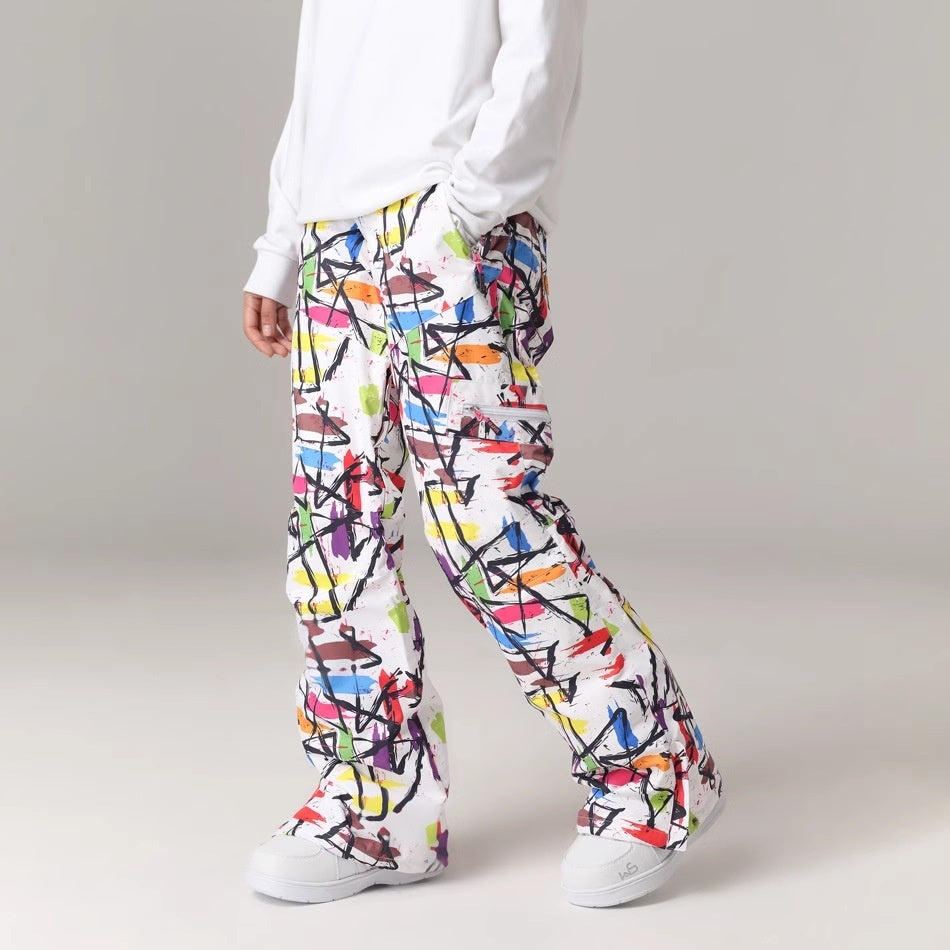 Women's ski pants with colorful graffiti print, tapered slim fit, snow-ready cuffs