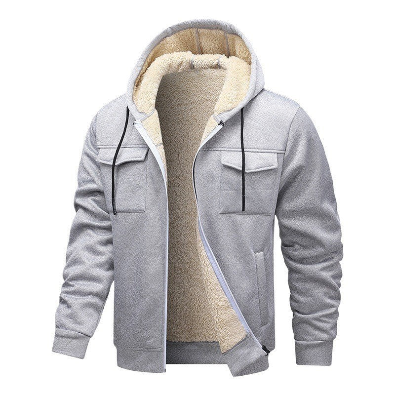 Light gray zip-up winter coat with tan sherpa-lined hood and chest pockets