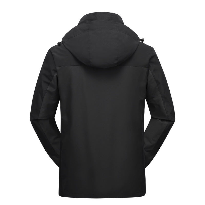Black hooded three-in-one parka back view with full-length zipper and seams