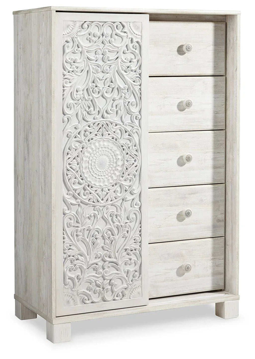 Whitewash dressing chest with embossed door panel and four-drawer front with round knobs