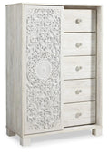 Whitewash dressing chest with embossed door panel and four-drawer front with round knobs