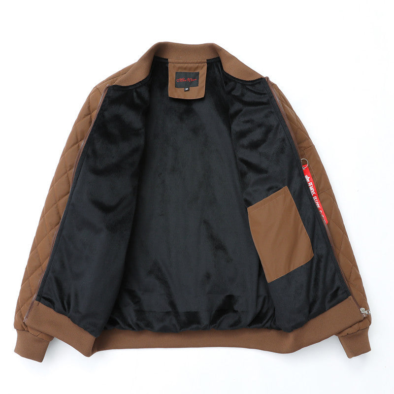 Brown leather jacket interior, stand collar with quilted shell and lining