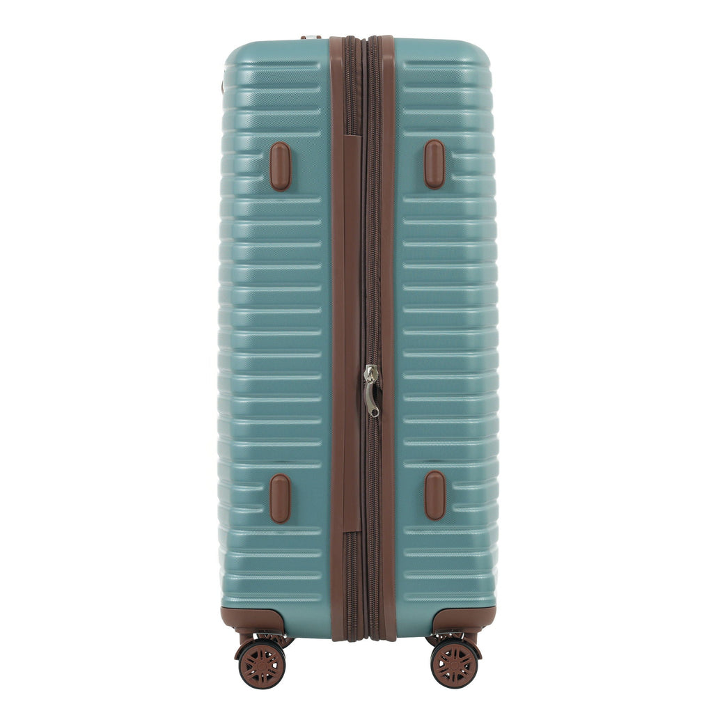 Hard-shell rolling suitcase with teal shell and brown zipper divider with four wheels