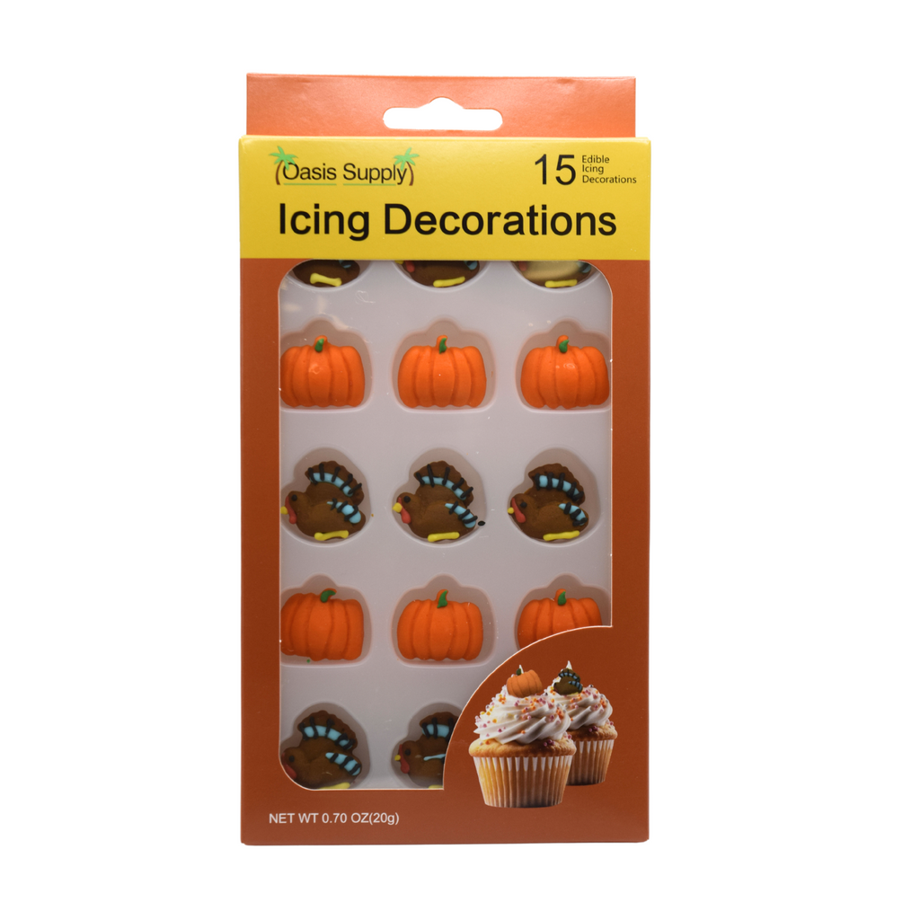 Edible icing cake decorations, 15-count pumpkin and turkey toppers on blister pack