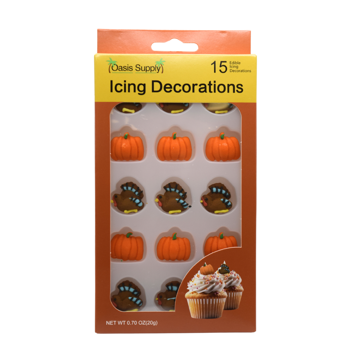 Edible icing cake decorations, 15-count pumpkin and turkey toppers on blister pack